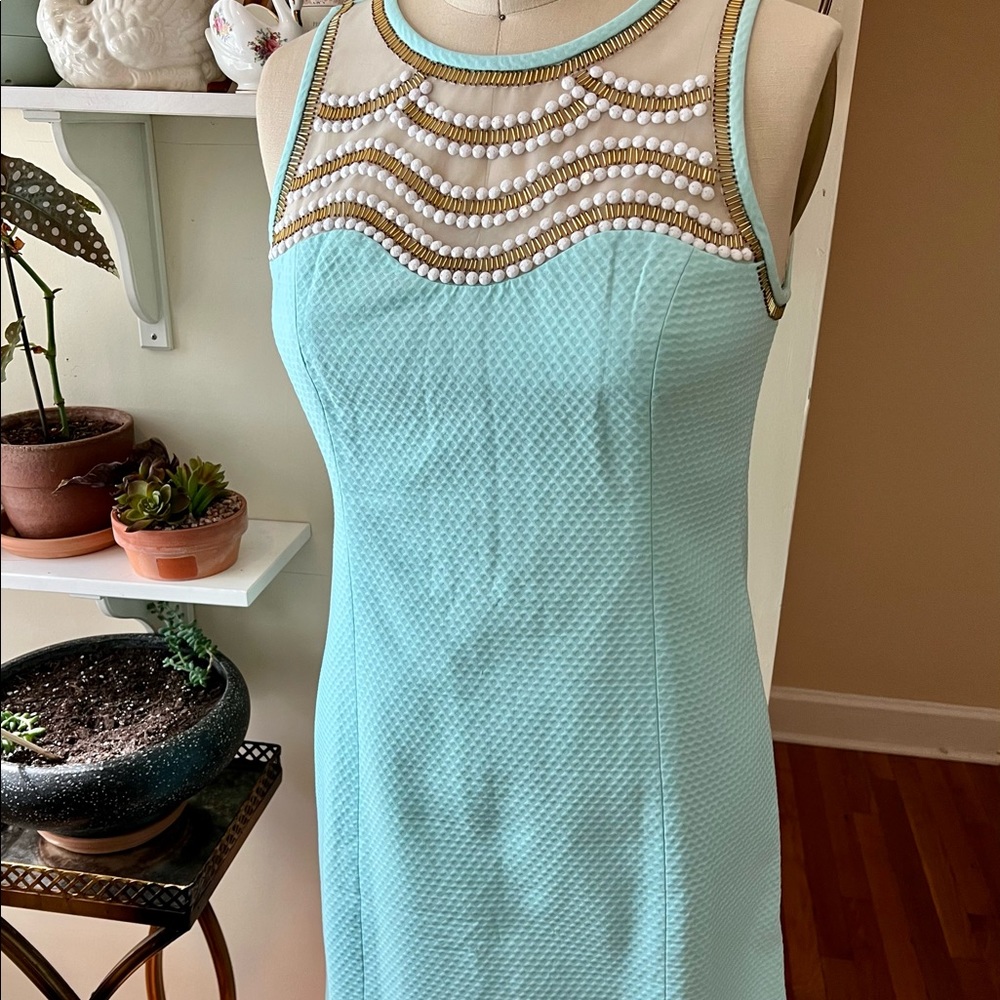 Lilly Pulitzer Sz 12 Tiffany Blue beaded shift dress party shower texture